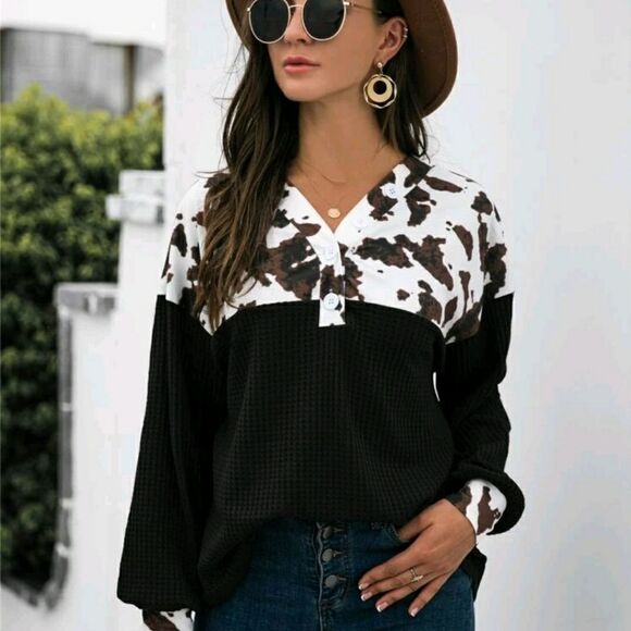 Cow Panel Half Button Sweatshirt - Picture 1 of 7